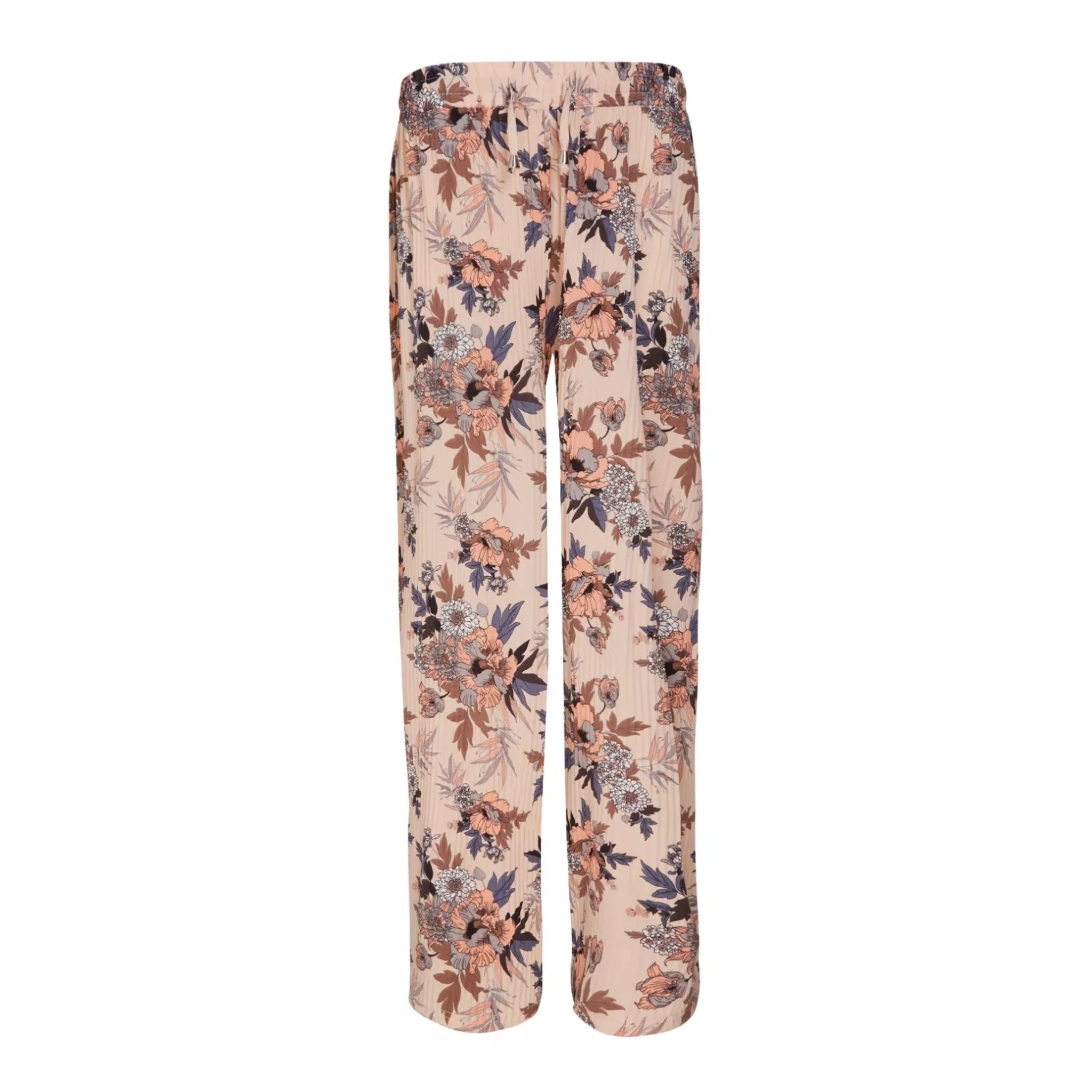 Ladies floral palazzo trousers – lightweight wide leg summer pants with beige background and pink flower pattern
